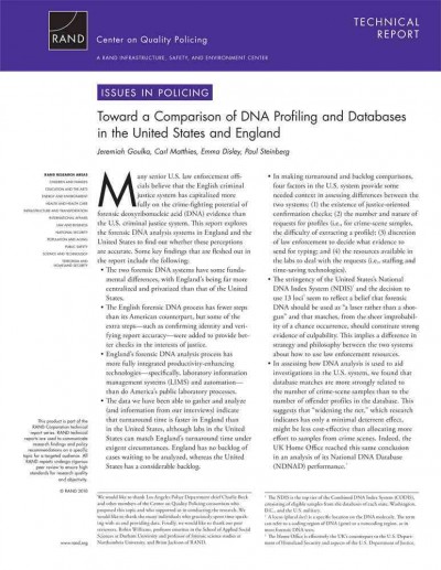 Toward a comparison of DNA profiling and databases in the United States and England [electronic resource] / Jeremiah Goulka ... [et al.].